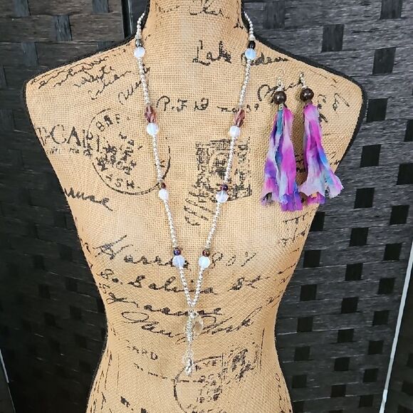 Hand Crafted Laiclay Purple and Silver Boho Necklace and Earring Set - Picture 1 of 8